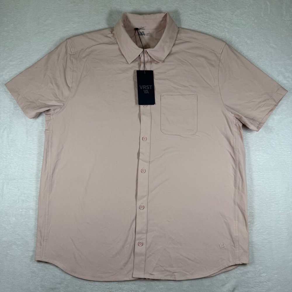 VRST Mens L‎ Refined Knit Button Down Shirt Light Pink Short Sleeve Stretch NEW